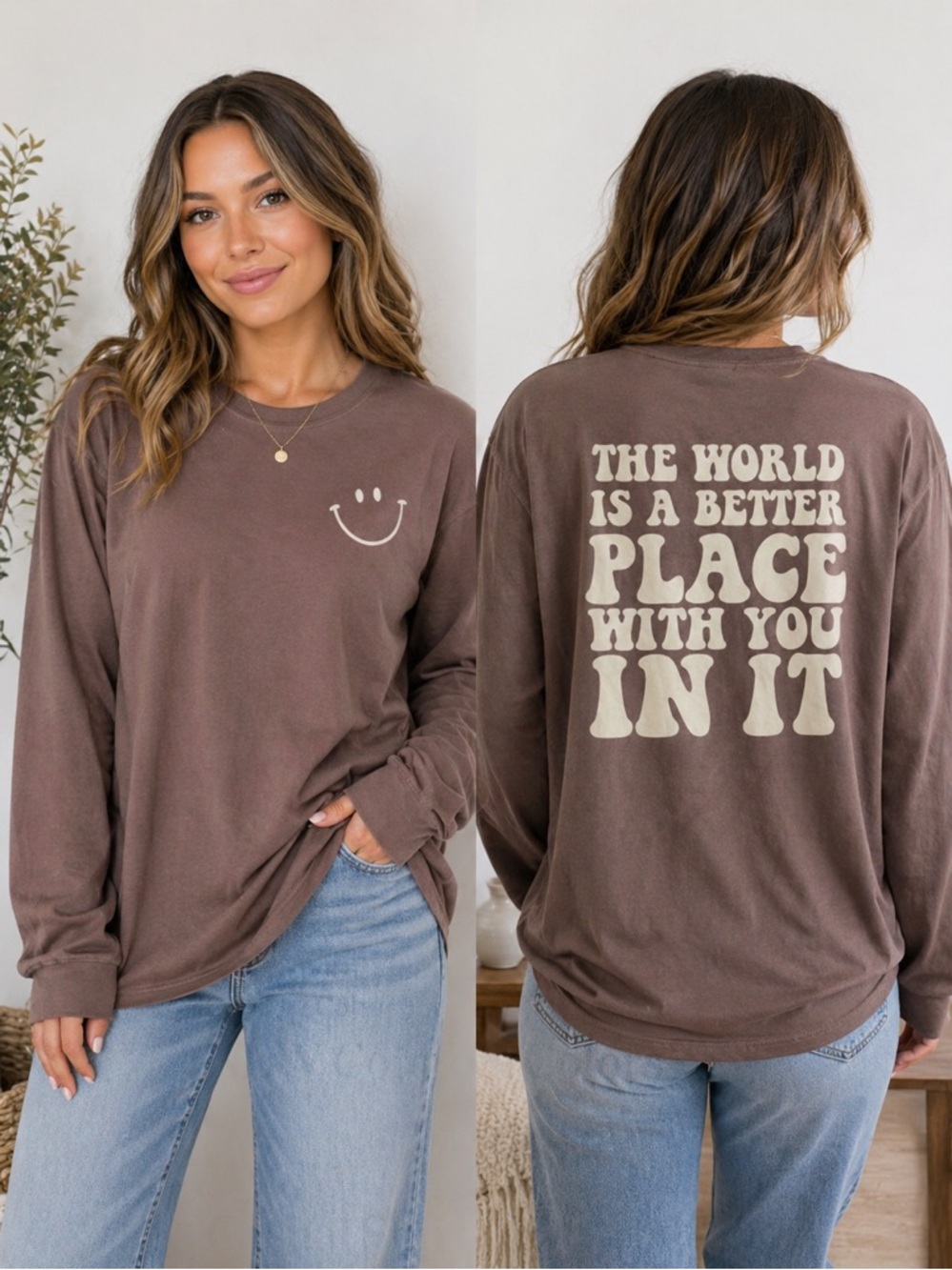 NEW‎ Comfort Colors Smiley Long Sleeve Tee Brown Positive Message Casual Shirt